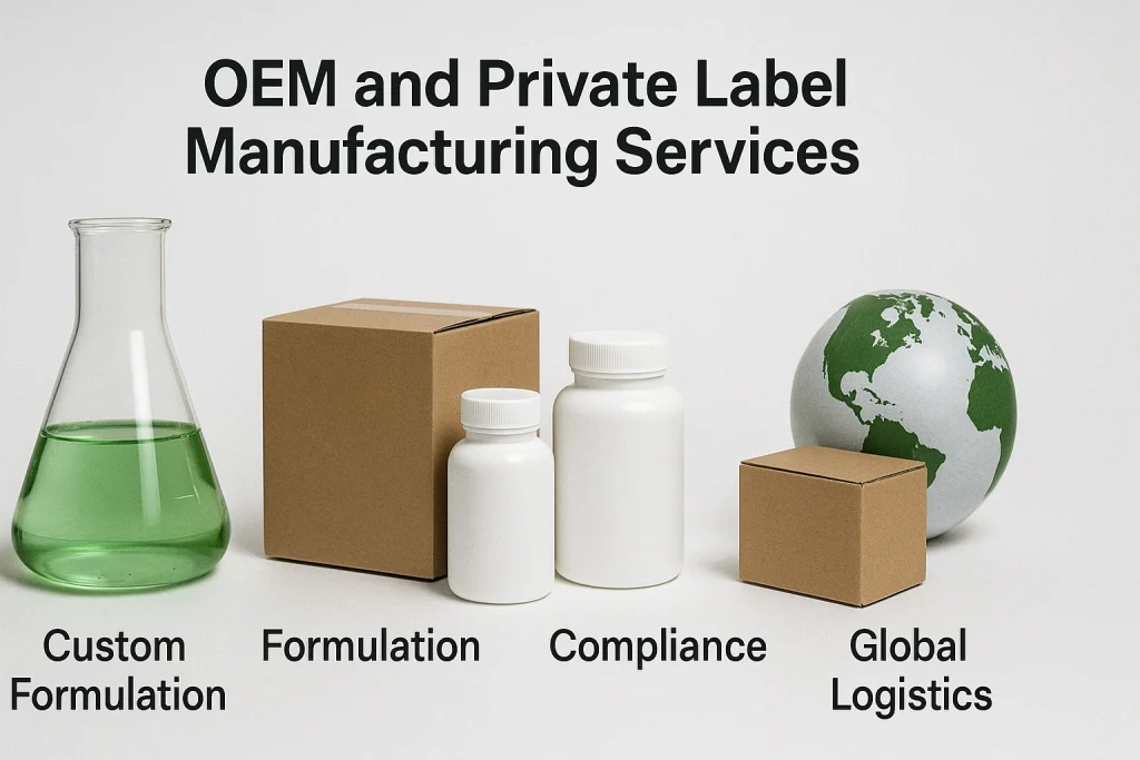 realistic photo showing laboratory glassware, supplement bottles, packaging boxes, and globe representing OEM and private label supplement manufacturing and global logistics, 16:9 ratio