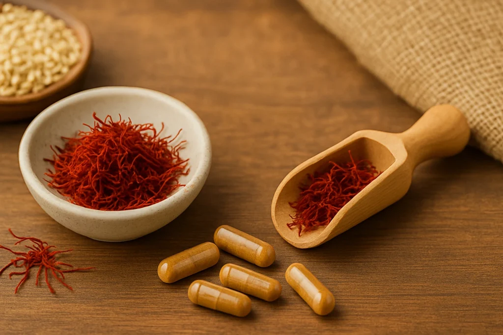 Organic saffron threads and capsules on a natural wooden surface representing clean, text-free introduction scene for nutraceutical OEM