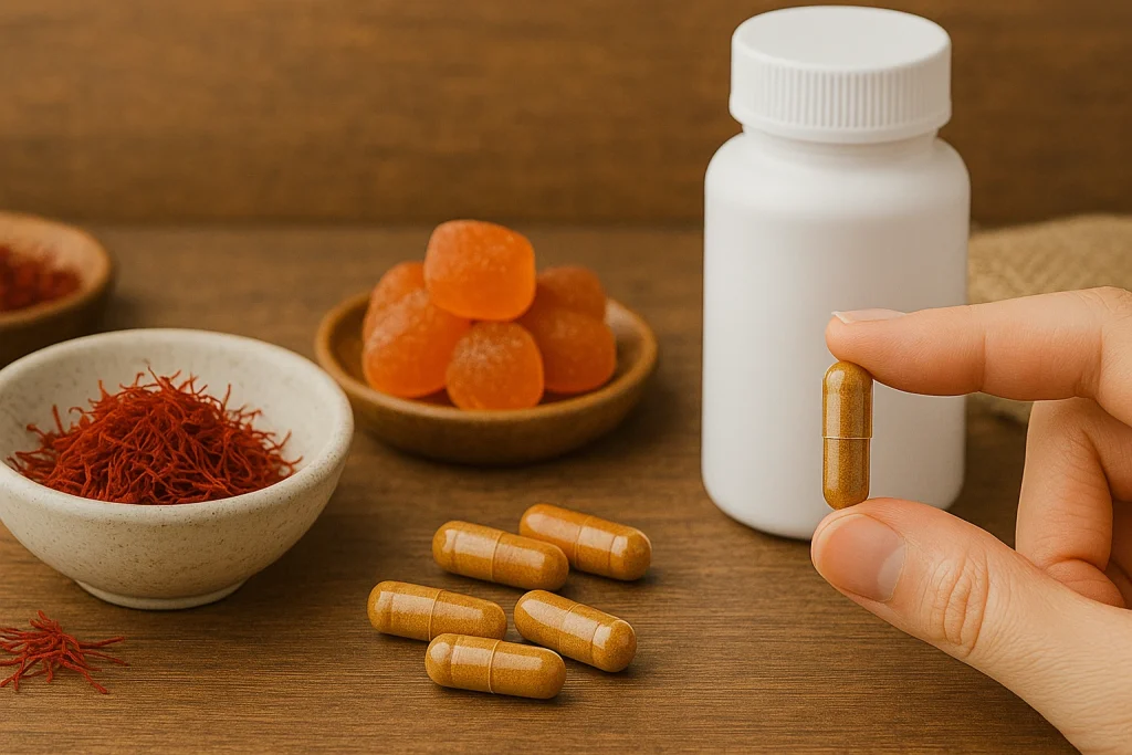 Saffron supplement capsules, gummies, and packaging bottle representing OEM product development and customization for B2B nutraceutical manufacturing