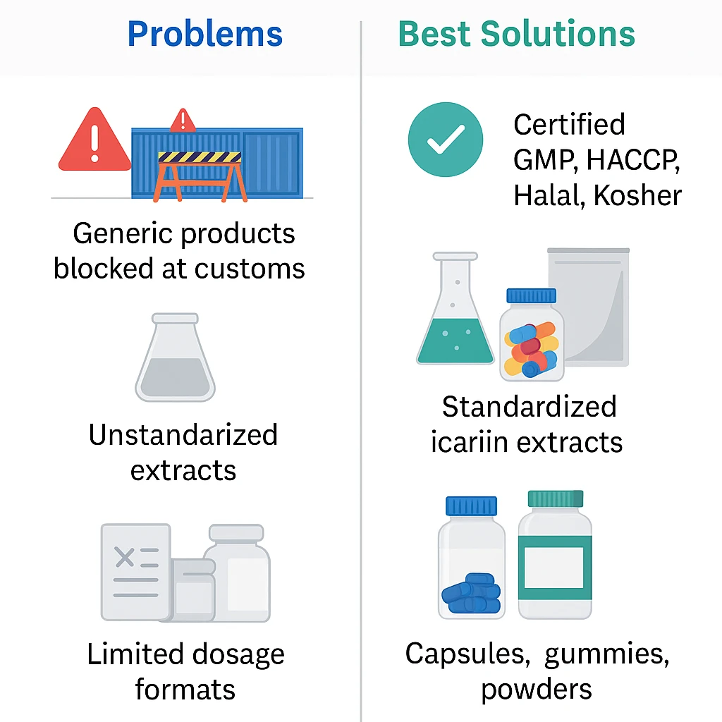 Infographic showing procurement pain points such as generic products and weak documentation versus best solutions like standardized icariin, GMP certifications, and multiple dosage forms for horny goat weed supplements in B2B trade.