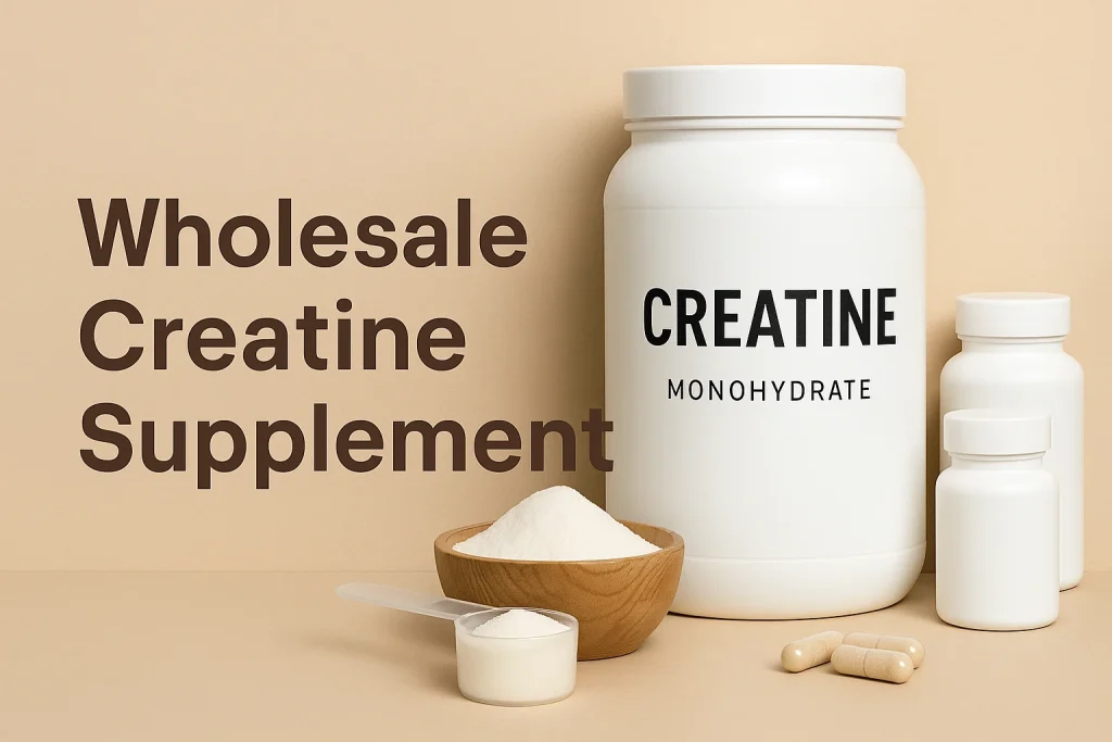 creatine monohydrate powder and capsule bottles displayed for wholesale OEM supplement production