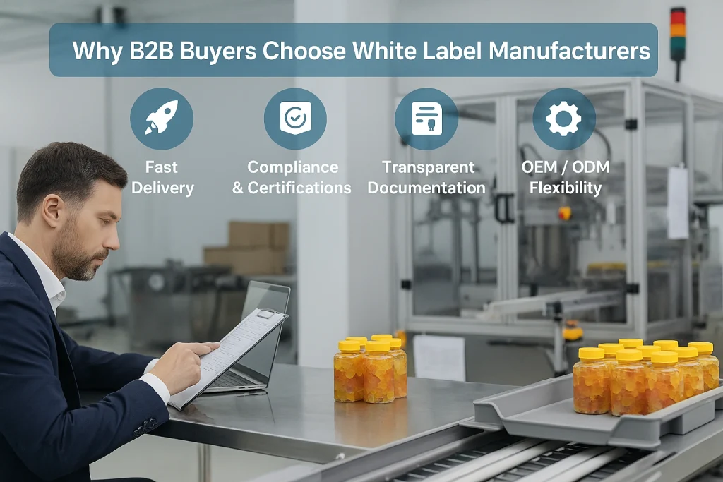business buyer discussing supplement production advantages including fast delivery, compliance certifications, and OEM flexibility in a modern factory