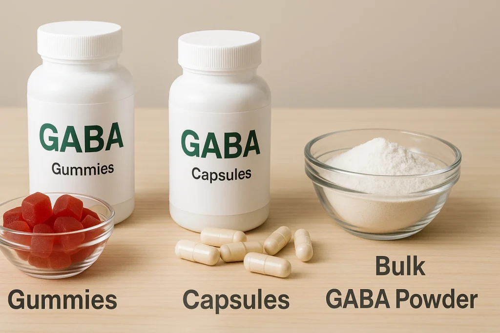 GABA supplements in three forms — gummies, capsules, and bulk powder — displayed on wooden table for OEM formulation options
