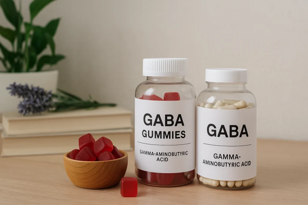 GABA gummies and capsules displayed on a wooden table symbolizing relaxation and wellness