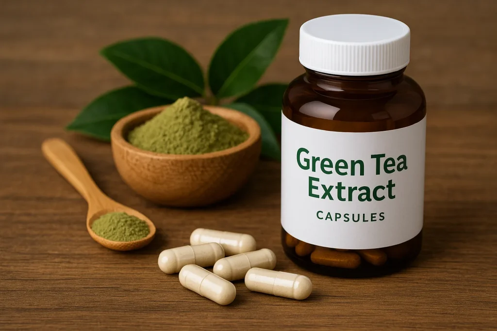 Green tea extract capsules beside wooden bowl of green tea powder and leaves on a wooden table, representing natural supplement OEM manufacturing.
