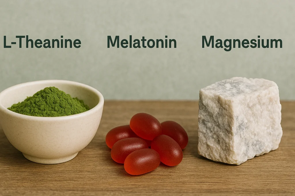 Natural sources of L-Theanine powder, Melatonin gummies, and Magnesium mineral arranged on a wooden table for GABA combination formulas