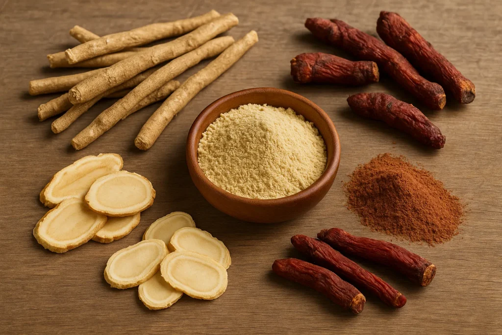 A natural display of adaptogenic ingredients including ashwagandha roots, rhodiola roots, ginseng slices, and maca powder styled in an e-commerce photography setting for supplement formulation and OEM manufacturing