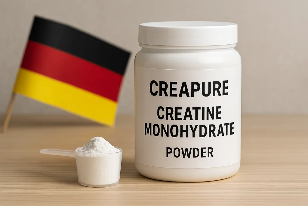 German-made creatine container with Creapure branding placed alongside laboratory and purity verification elements