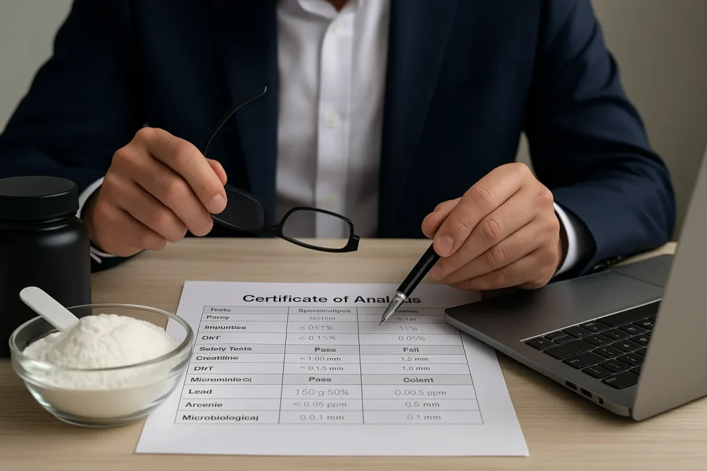 Business professional reviewing a Creatine Certificate of Analysis with creatine powder and a laptop on the desk