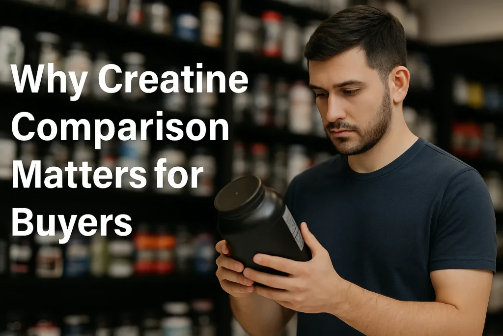 Buyer examining a creatine supplement container in a store for creatine comparison