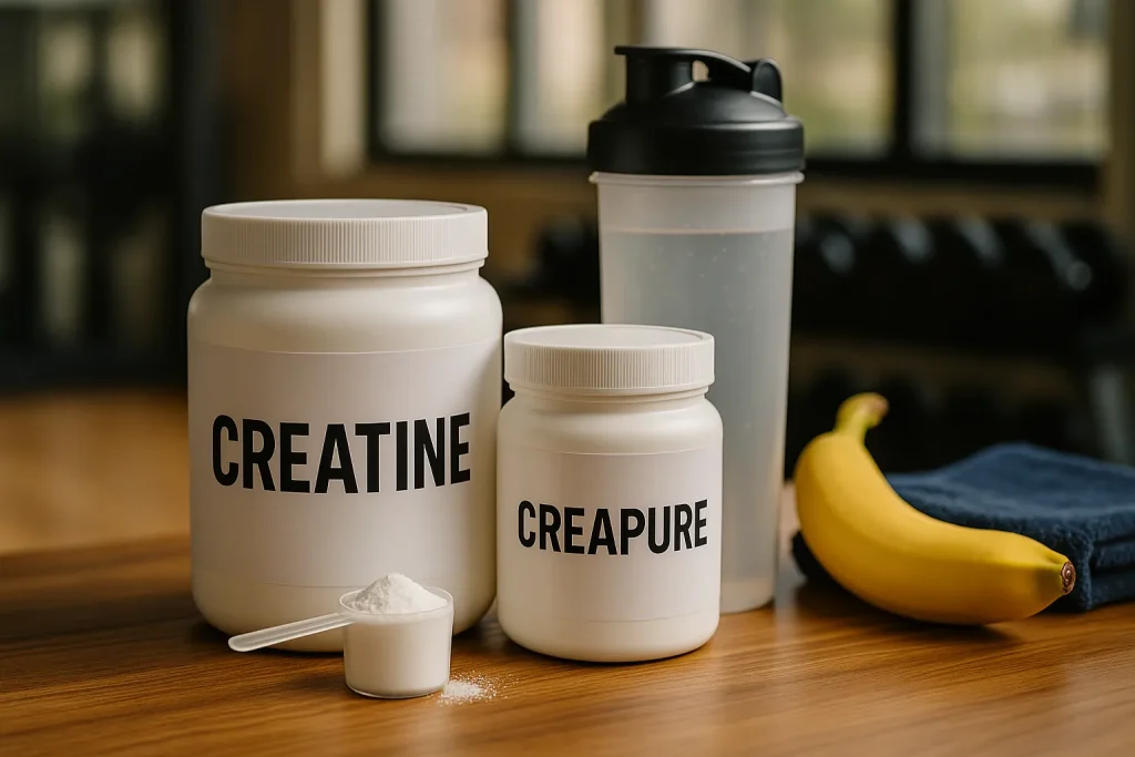 Creatine powders and supplement bottles displayed in a clean, modern setting representing high-purity and ethical creatine trends