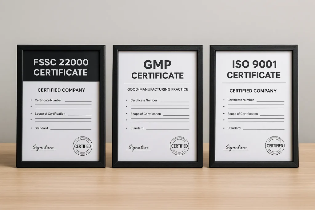 FSSC 22000, GMP, and ISO certifications displayed on a clean professional wall representing reliable creatine manufacturer compliance