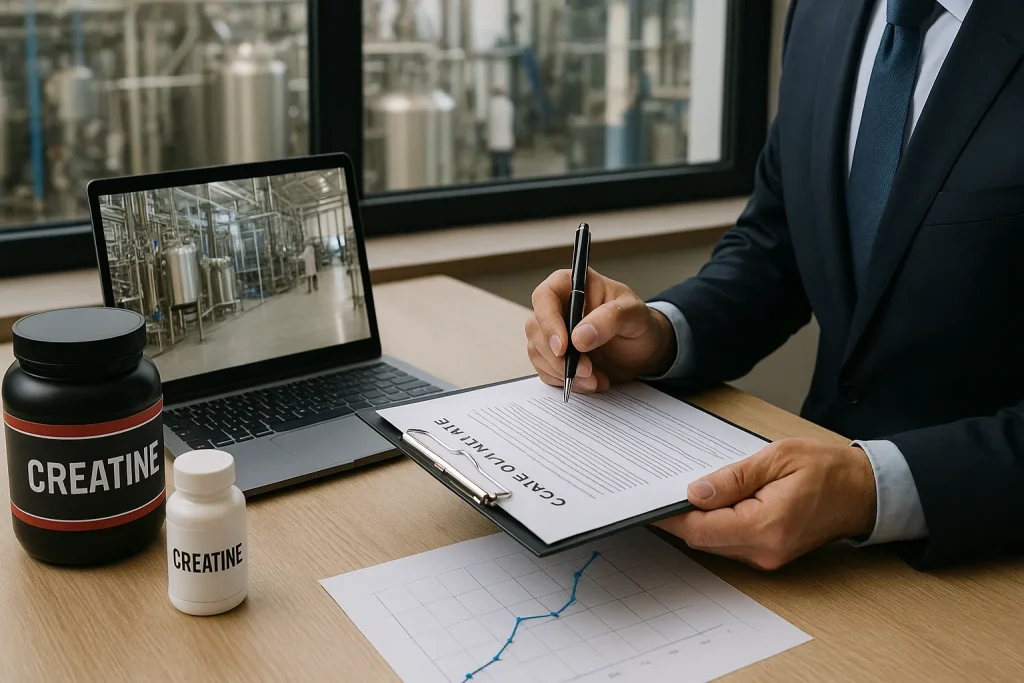 Professional buyer reviewing creatine supplier documents with factory visuals and quality reports on a modern workstation