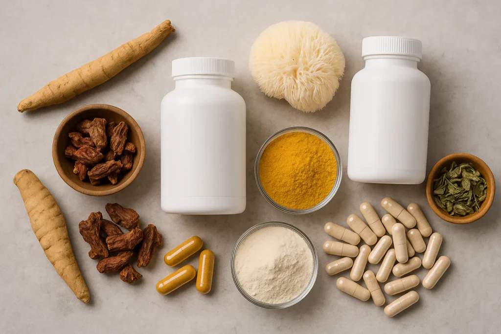 A flat-lay display of functional ingredients including ashwagandha root, lion’s mane mushroom, turmeric powder, collagen powder, and capsules alongside blank supplement bottles representing OEM private label manufacturing