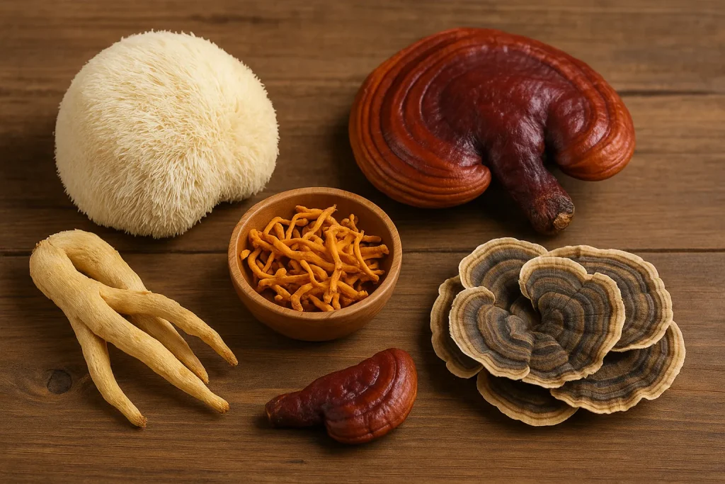 A natural e-commerce style display of functional mushrooms including Lion’s Mane, Reishi, Cordyceps, and Turkey Tail arranged on a wooden surface for supplement formulation and OEM private label manufacturing