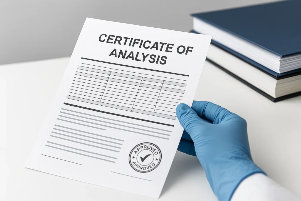 A gloved hand holding a Certificate of Analysis document on a clean desk with organized binders in the background, representing COA verification in a quality assurance setting