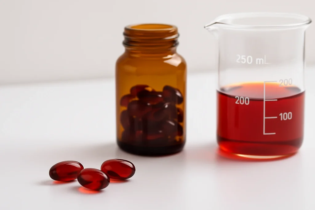 Krill oil softgels beside an amber bottle and a beaker of red raw oil used for EPA, DHA and astaxanthin testing in a laboratory setting