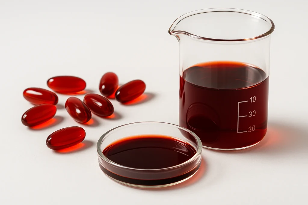 Krill oil softgels and a petri dish of red raw oil next to a laboratory beaker used for COA testing of EPA, DHA and astaxanthin levels