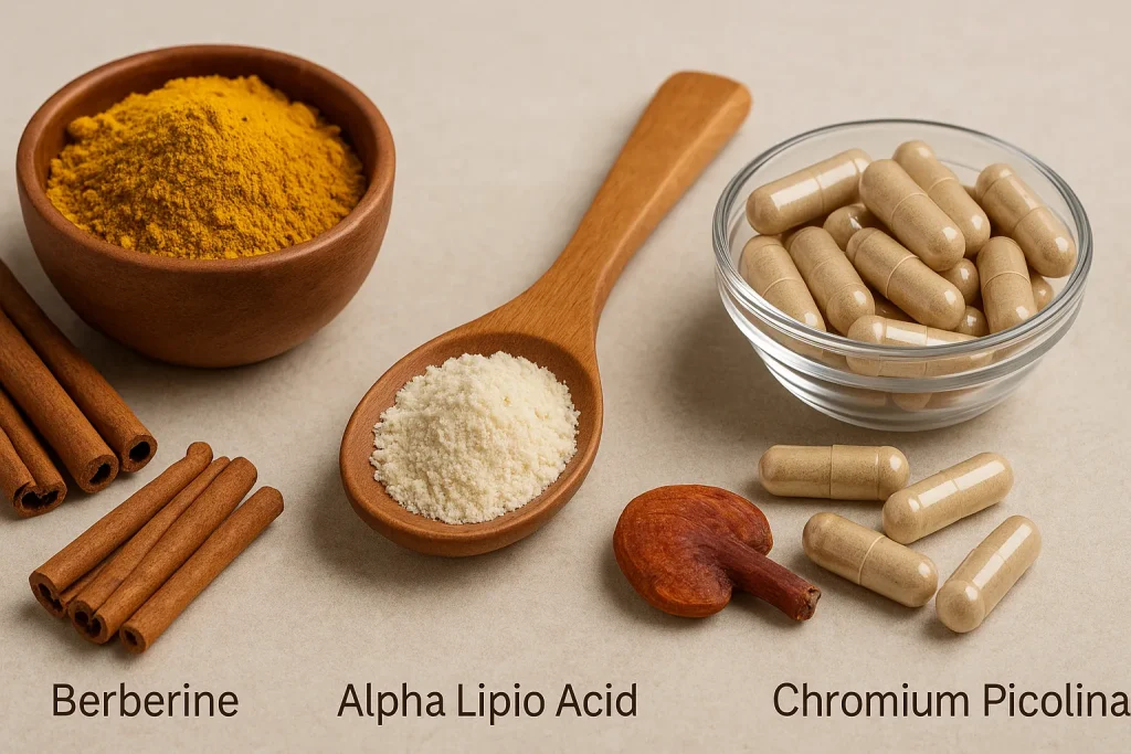A natural e-commerce style display of metabolic health ingredients including berberine powder, alpha lipoic acid powder, and chromium picolinate capsules arranged on a clean surface for supplement formulation and OEM private label manufacturing