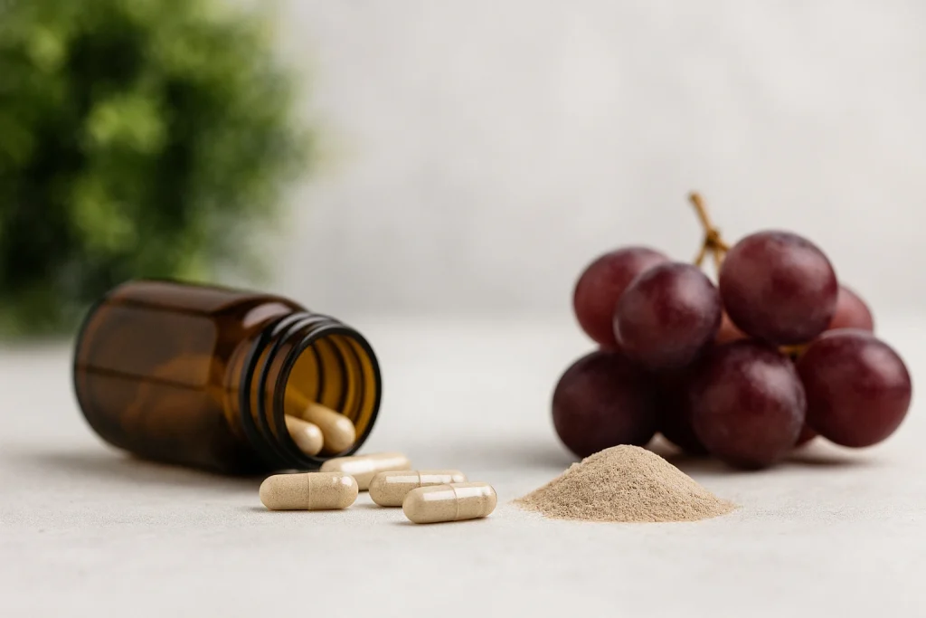 Realistic resveratrol supplement capsules spilling from amber bottle with grape powder and grapes on clean laboratory background, natural lighting