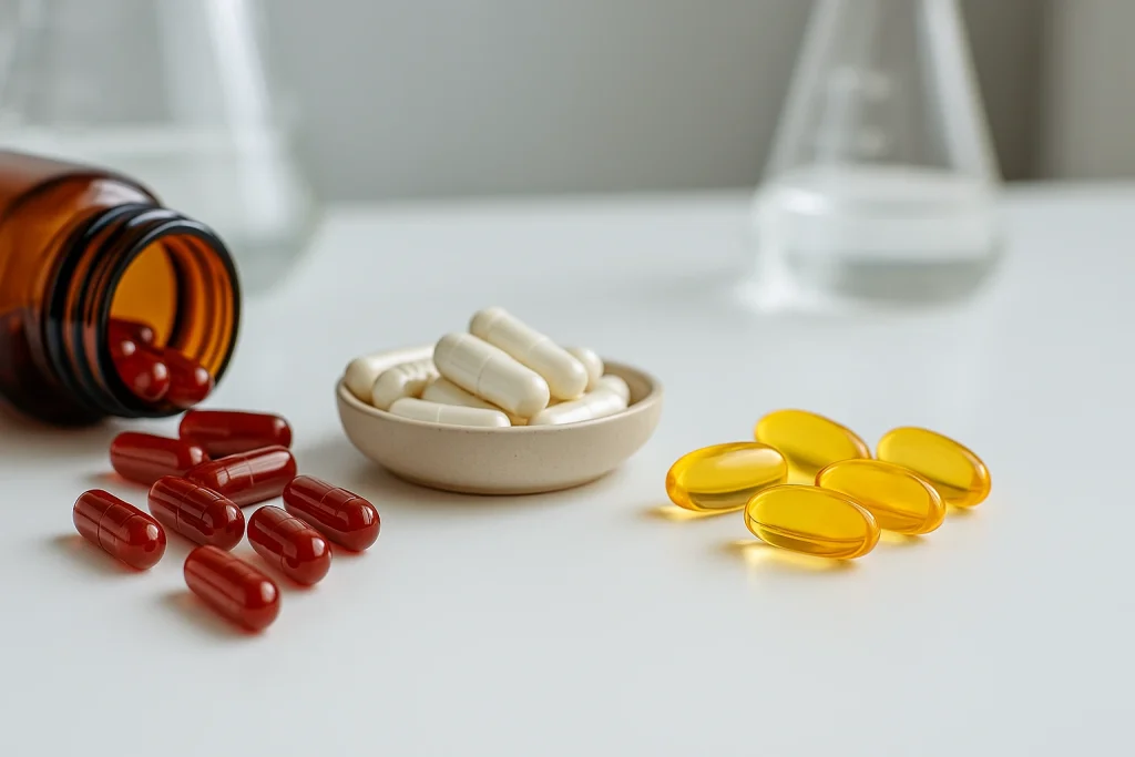 Realistic photo of resveratrol, NMN, and CoQ10 supplements arranged on a laboratory table, representing OEM formulation creativity and scientific precision