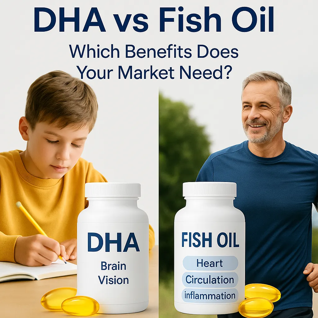 DHA vs Fish Oil comparison image showing children using DHA for brain and vision support and adults using fish oil for heart and circulation health.