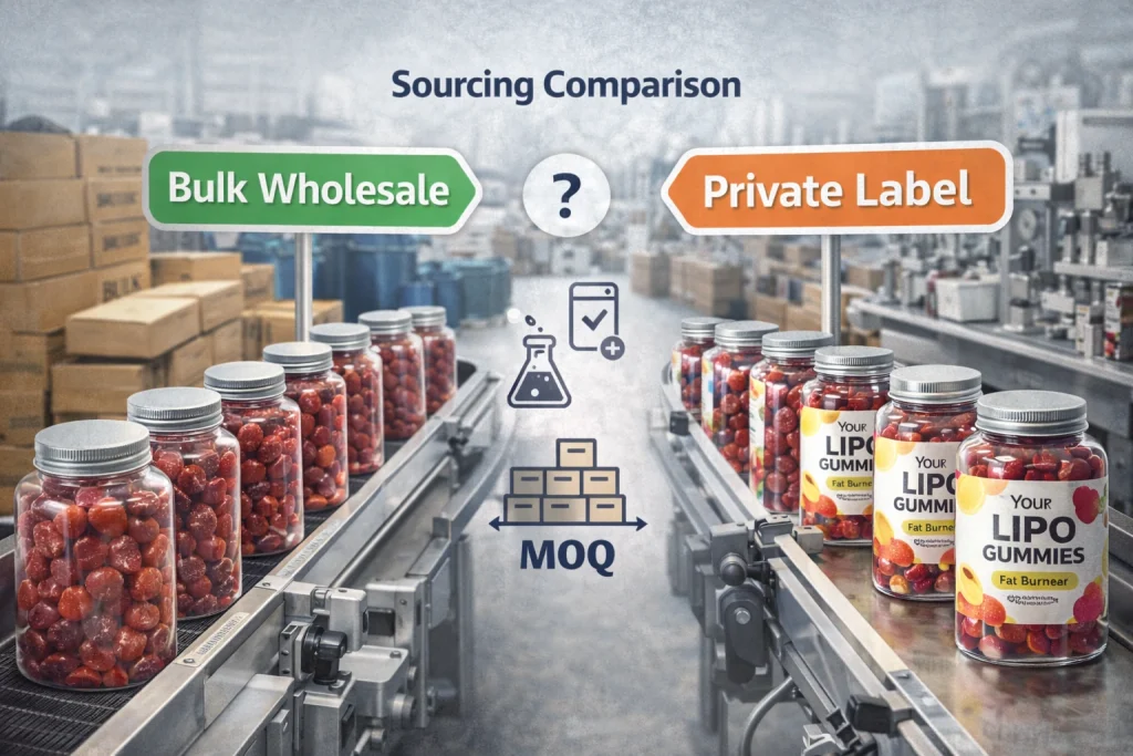Factory production lines showing bulk wholesale and private label lipo gummies side by side, illustrating differences in sourcing models, formulation flexibility, MOQ planning, and long-term scalability