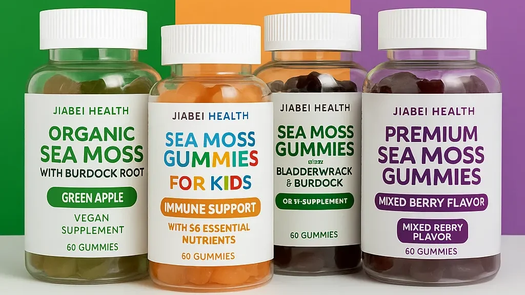 Four bottles of Jiabei Health sea moss gummies including Organic Sea Moss with Burdock Root Green Apple, Sea Moss Gummies for Kids, Sea Moss Gummies with Bladderwrack & Burdock, and Premium Sea Moss Gummies Mixed Berry Flavor, displayed against a colorful background with text Sea Moss Gummies Collection | Jiabei Health