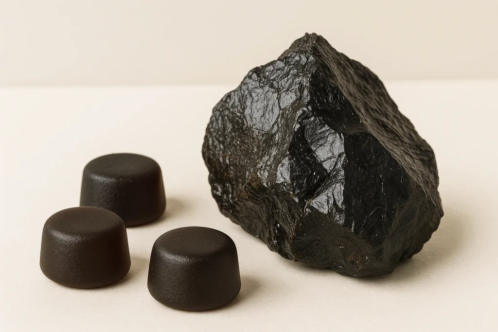Shilajit Resin and Shilajit Gummies on Light Background – OEM Formulation Visual