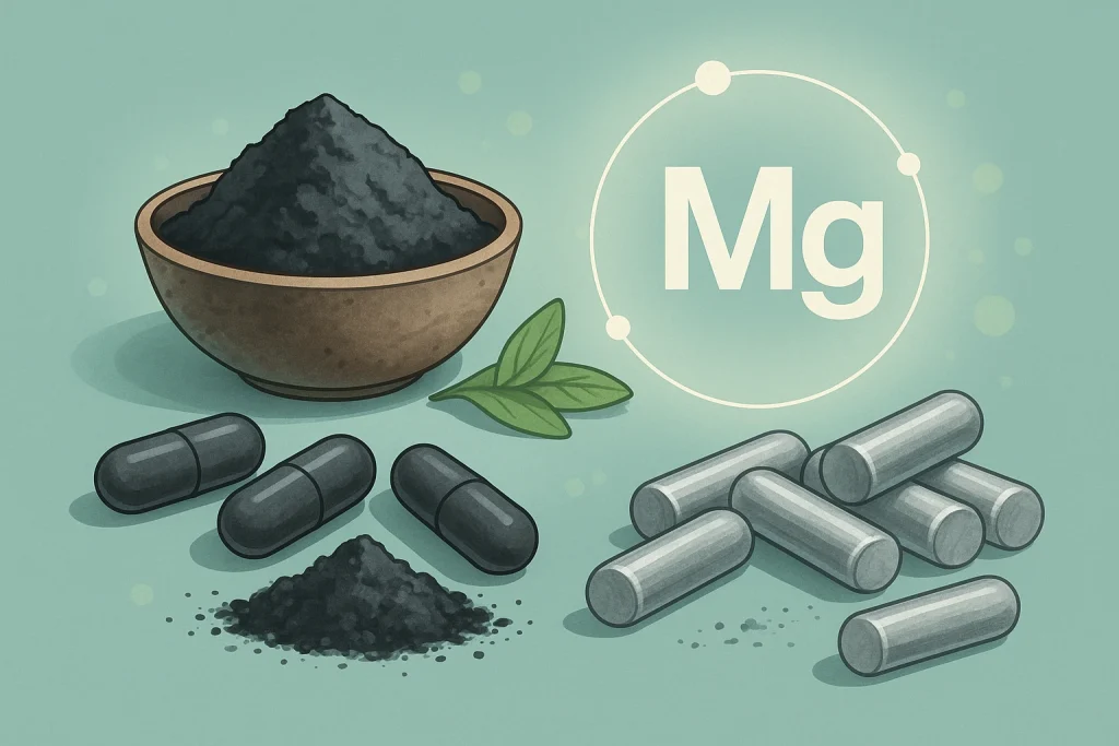 Activated charcoal and magnesium synergy shown as powder and capsules for internal deodorizing supplement formulations, highlighting odor adsorption and sweat acidity modulation mechanisms