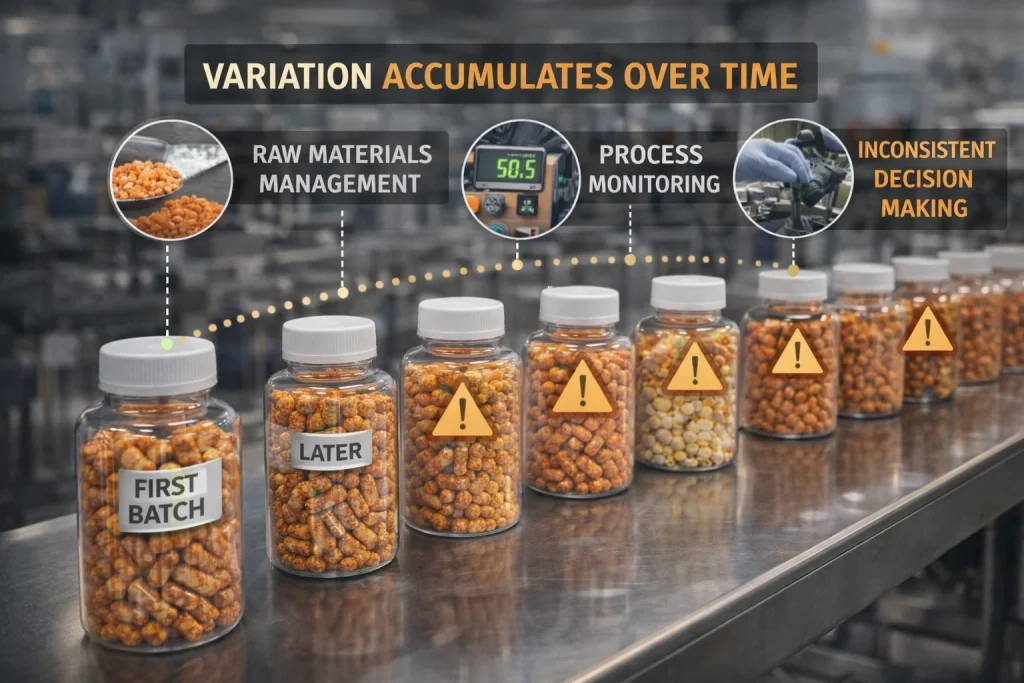 Increasing batch-to-batch variation in supplement manufacturing caused by inconsistent raw material control and process monitoring during repeat production