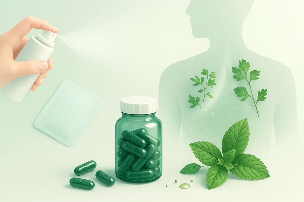 Comparison of external deodorant spray versus internal Body Odor Deodorant Capsules, showing a green capsule bottle, herbs, and body silhouette representing inside-out odor control