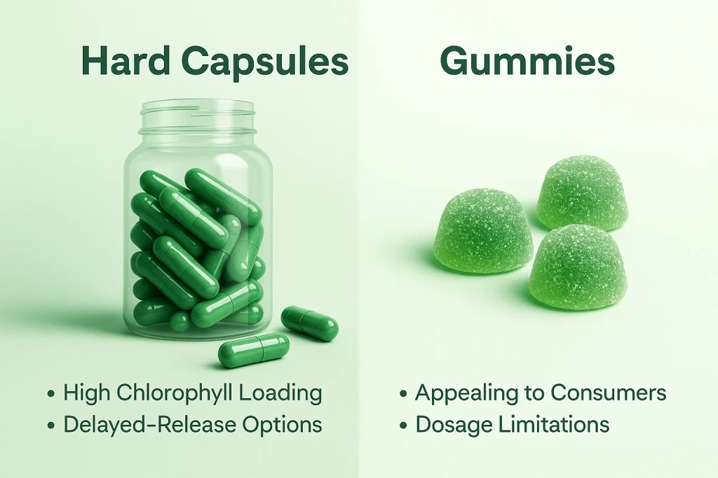 Comparison of capsules vs gummies for chlorophyll-based deodorizing supplements, showing high loading stability in hard capsules versus consumer appeal but dosage limits in gummies, aligned to BO neutralization formulations