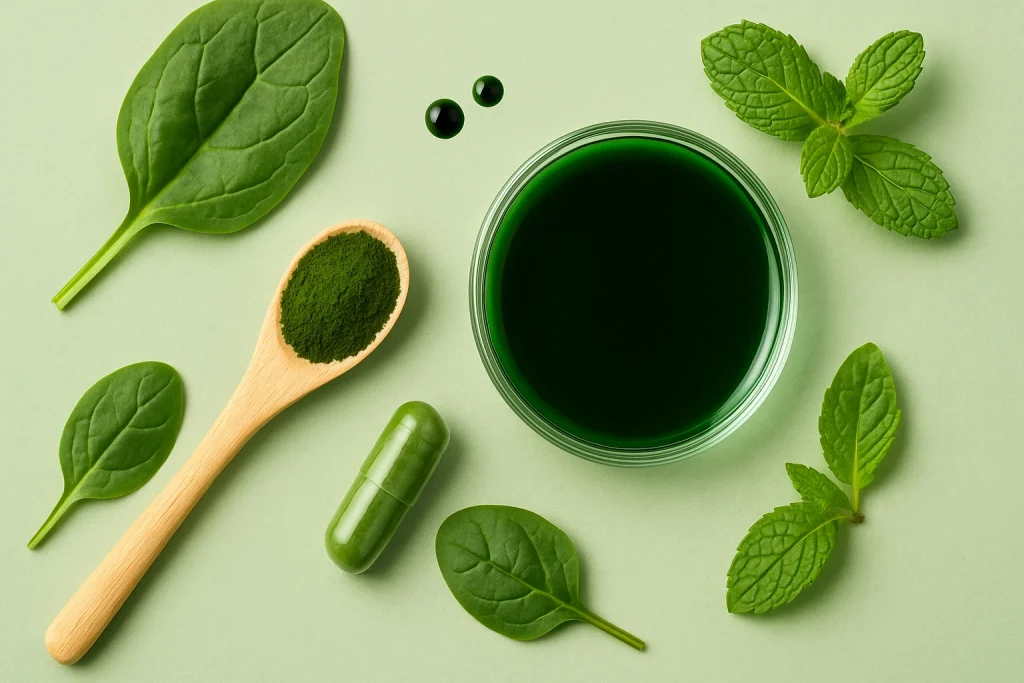 Chlorophyll and chlorophyllin raw ingredients including green leaf extract, powder and liquid concentrate in 16:9 format