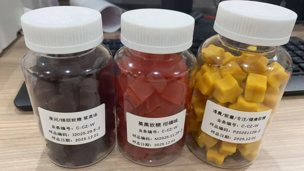 close-up final custom gummy development result, bright fruit gummies with smooth texture and no powder