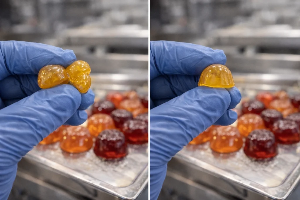 Lipo gummies formulation challenges feature image showing gummy production and ingredient handling in private label OEM manufacturing