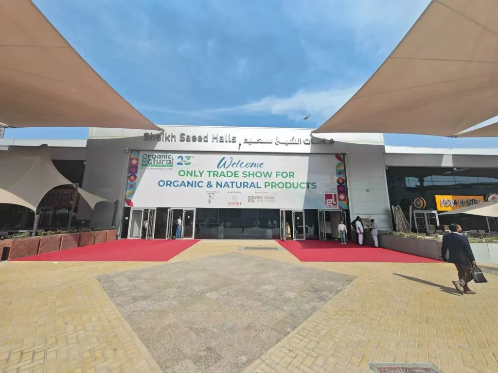 Entrance view of the Middle East Organic Natural Products Expo 2025 at the Dubai World Trade Centre