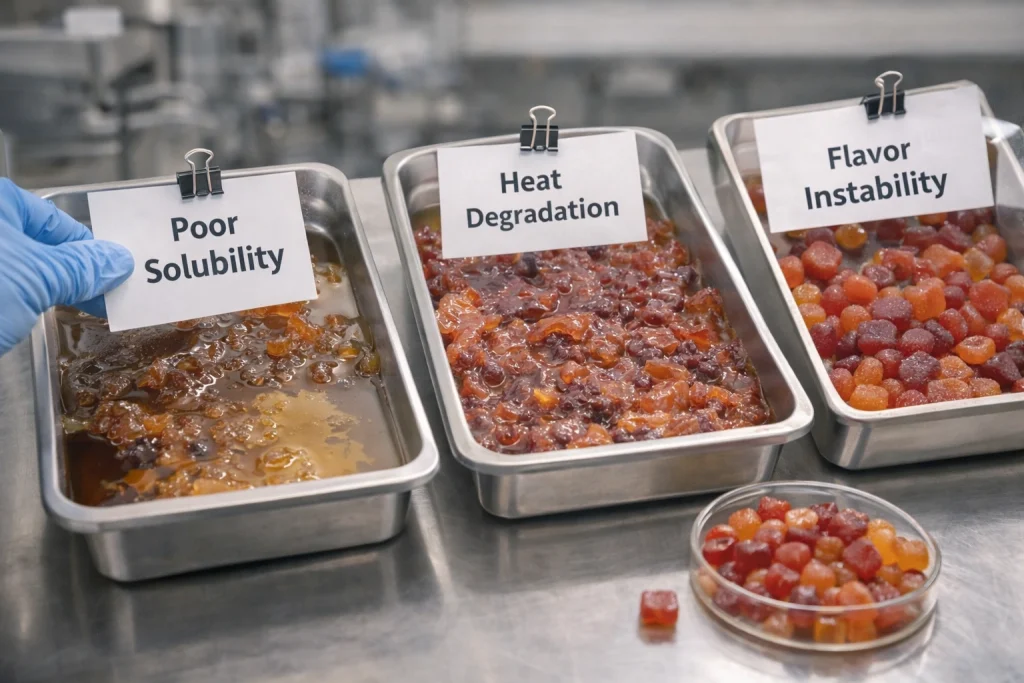 Failed lipo gummies batches caused by poor solubility, heat degradation, and flavor instability