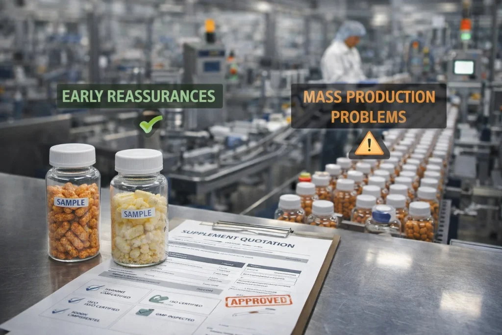 Early supplier samples and quotations masking production risks that only emerge when supplement manufacturing scales to mass production