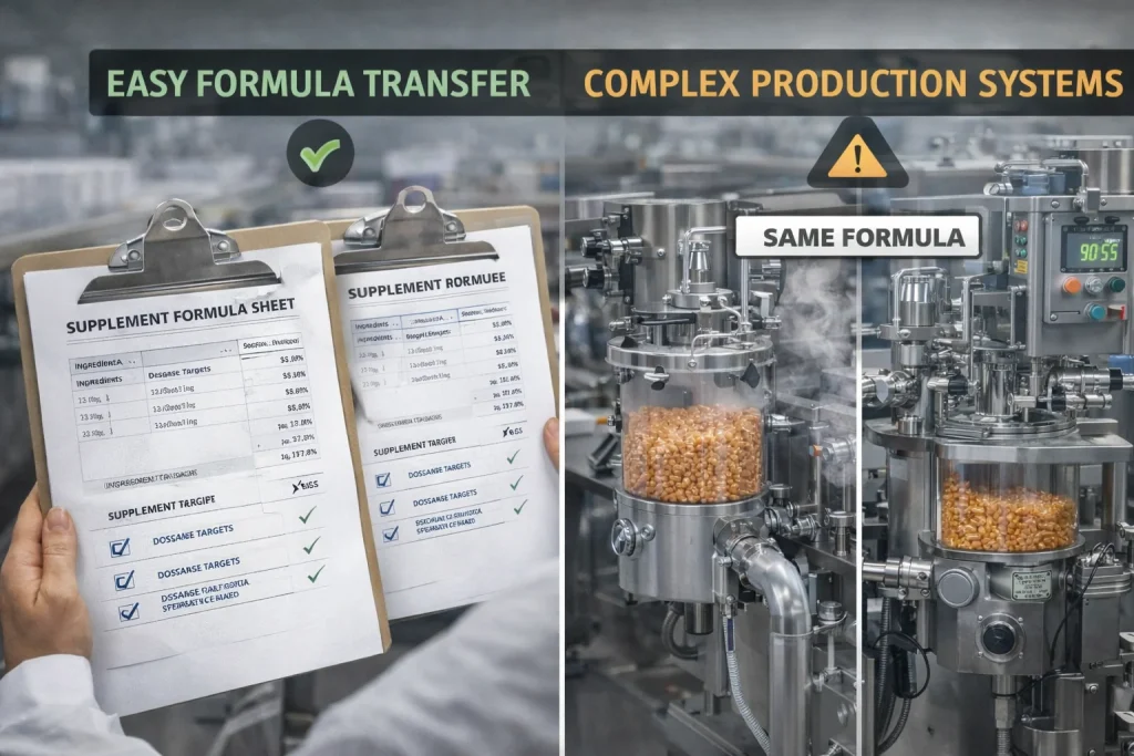Identical supplement formulas producing different outcomes due to variations in equipment configuration and production systems across manufacturers