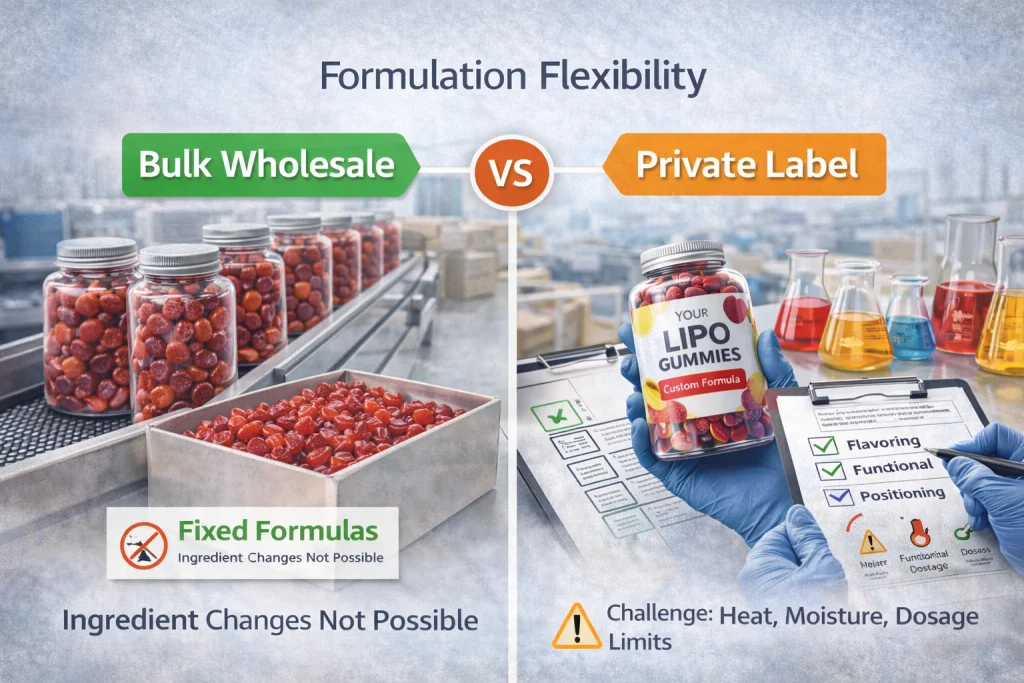 Side-by-side comparison of bulk wholesale and private label lipo gummies, showing fixed formulations in bulk sourcing versus customizable formulas in private label manufacturing under heat, moisture, and dosage constraints