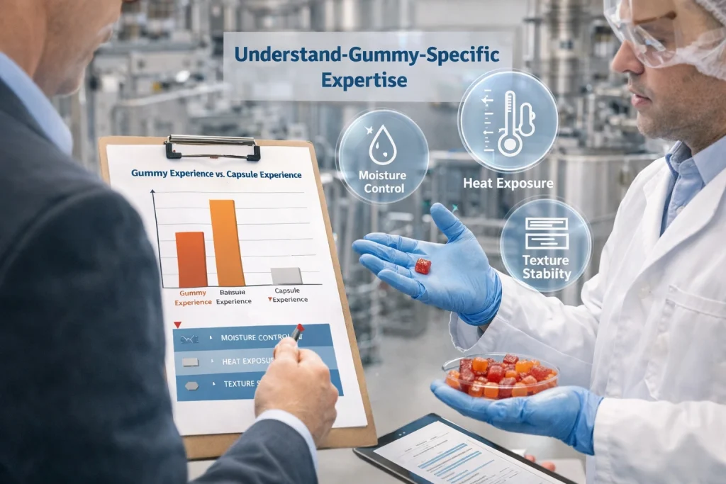 Demonstrating gummy-specific expertise in lipo gummies manufacturing, including moisture control, heat exposure, and texture stability