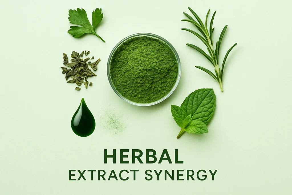 Herbal extract synergy illustration showing mint, parsley, green tea and rosemary powder as natural raw materials used in internal deodorizing capsule formulations for body odor control