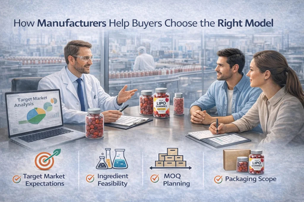 Manufacturer consulting buyers on lipo gummies sourcing options, evaluating target market expectations, ingredient feasibility, MOQ planning, and packaging scope to select between private label and wholesale models