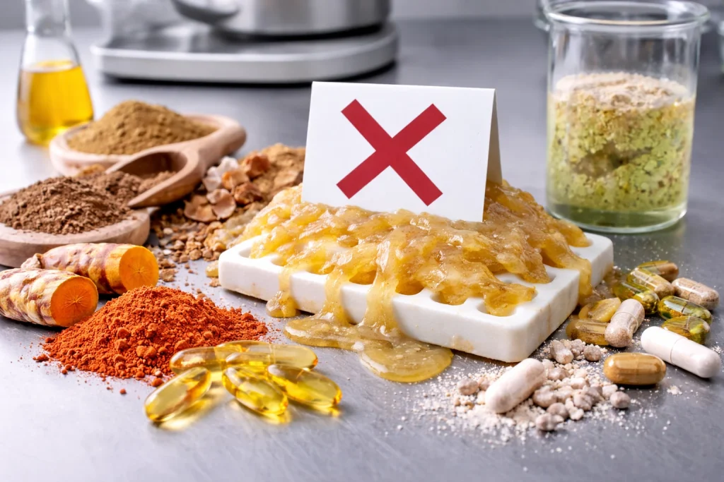 Ingredients that often fail in gummy applications, showing unstable raw materials and incompatible compounds during gummy formulation