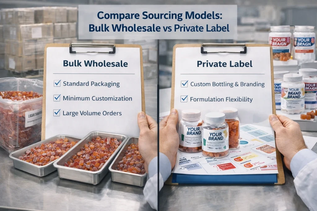 Comparison of lipo gummies bulk wholesale and private label sourcing models showing differences in customization and order scale