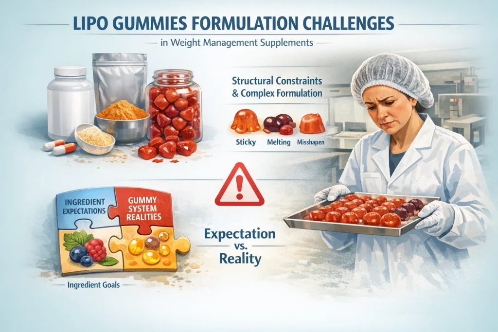Lipo gummies formulation challenges feature image showing gummy production and ingredient handling in private label OEM manufacturing