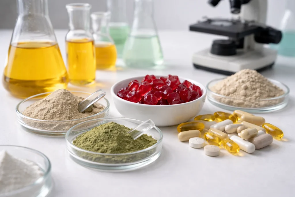Overview of lipo gummies ingredients showing raw materials and formulation components evaluated in private label manufacturing