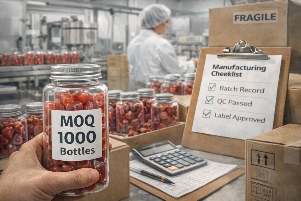 Real manufacturing scene showing lipo gummies private label production, highlighting how formulation complexity, production efficiency, and quality control determine minimum order quantities