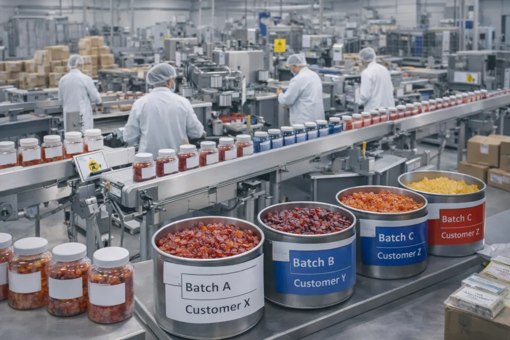 Organized lipo gummies production showing clear batch separation and coordinated project management across multiple client orders